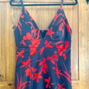 Guess Sexy Satin Red and Black Floral Dress Side Slit